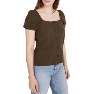 New MADEWELL Women's Deep Green Puff Sleeves Jacquard Square Neck Top Size S